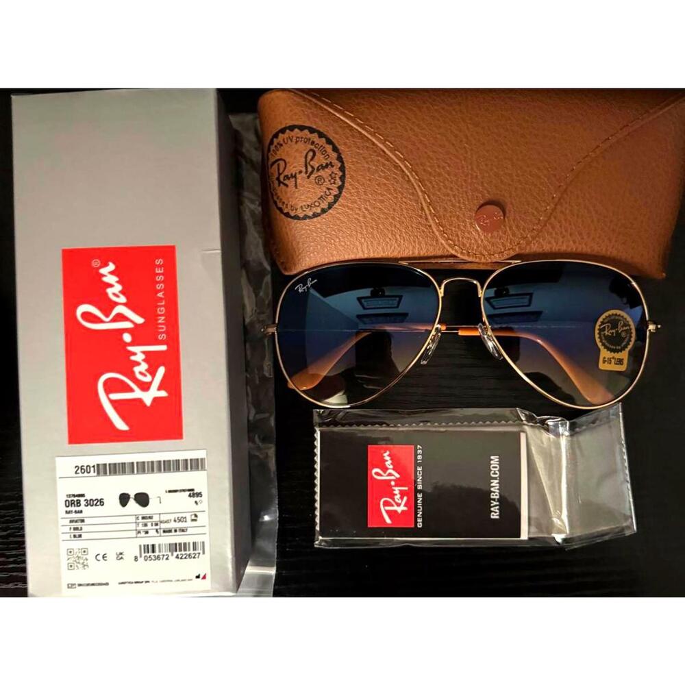 NEW Ray Ban RB3026 62mm Aviator Gold Frame Blue‎ Gradient Lens Sunglasses